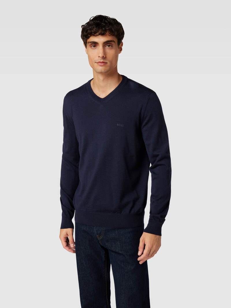 Strickpullover mit geripptem V-Ausschnitt Modell 'Baram' in marineblau