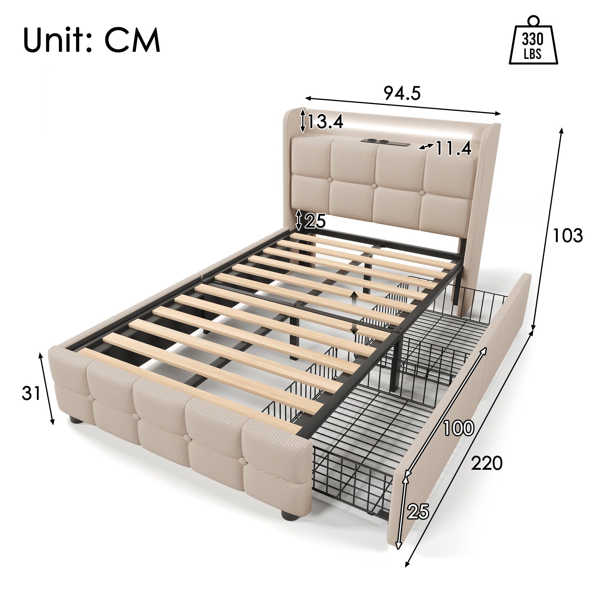 OKWISH Polsterbett Mit LED-Beleuchtung (90 x 200 cm mit aufladen USB Ladefunktion Kopfteil und 2 Schubladen, Stauraumbetten Bettgestell Ohne Matratze)