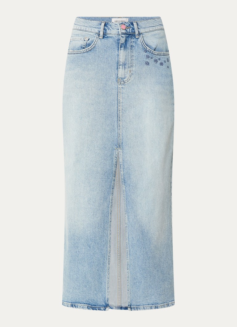Jupe midi en denim Carlyne de Fabienne Chapot, ornée de broderies.