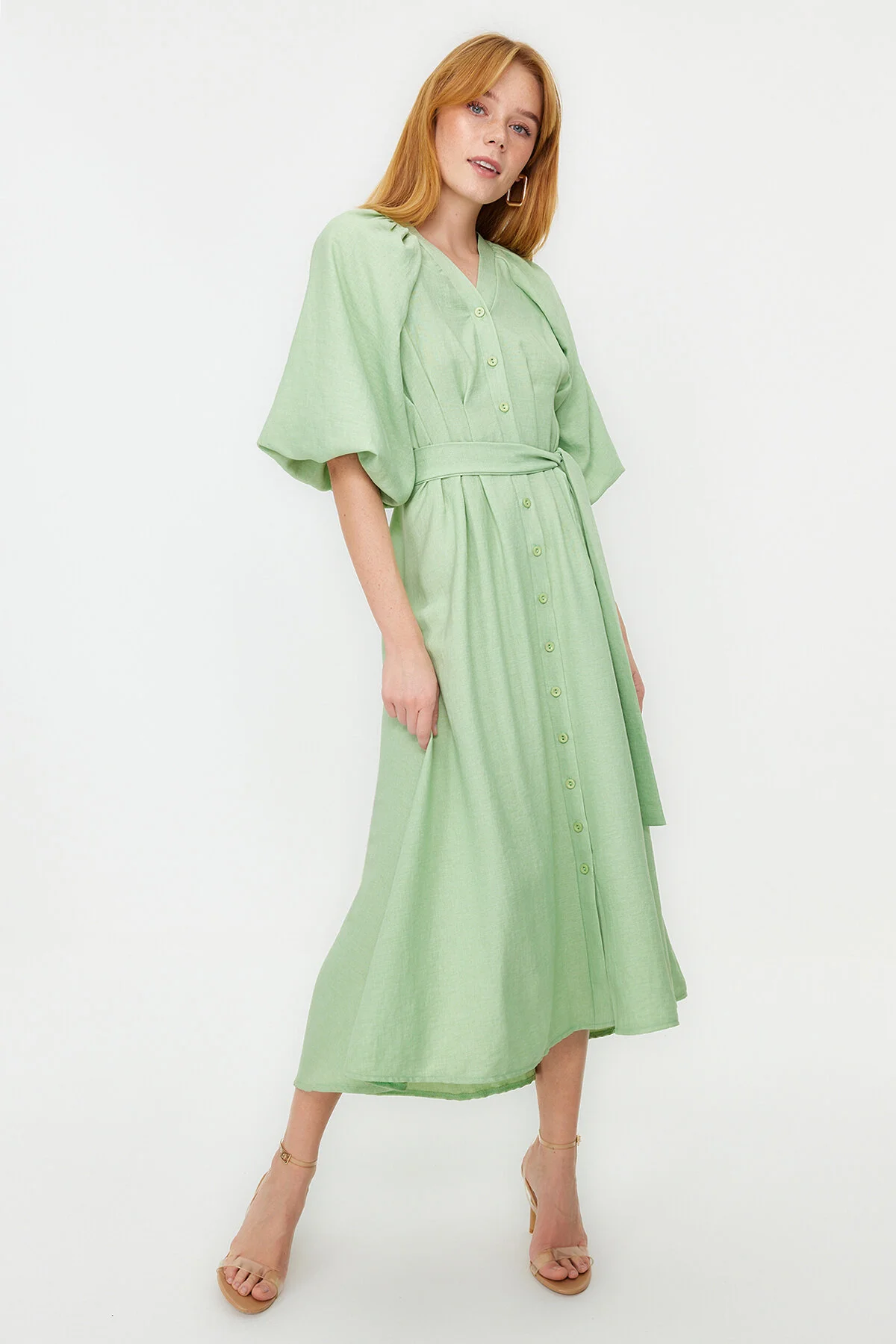 Trendyol Modest  Grünes gewebtes Leinenkleid TCTSS24EB00014