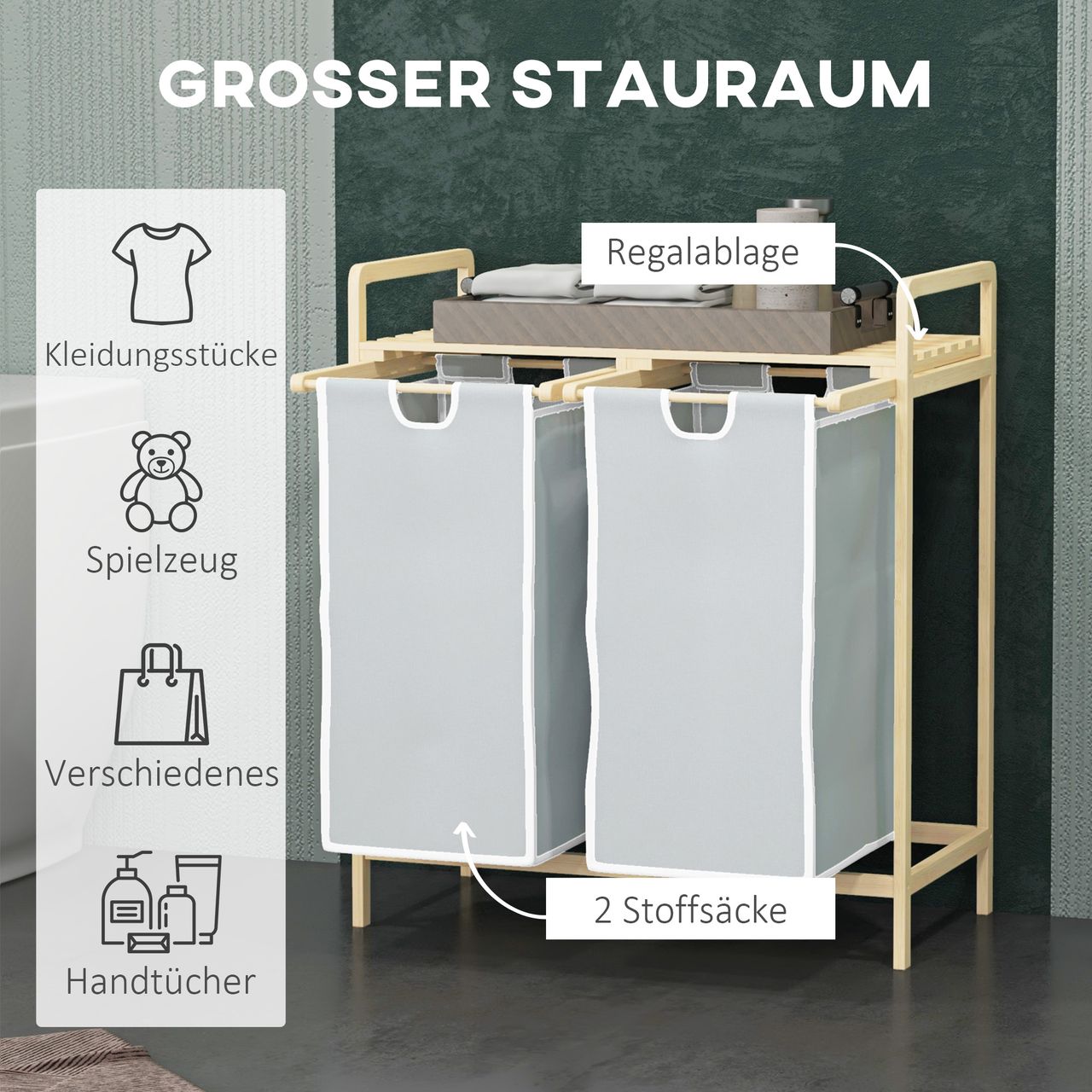 HOMCOM Wäschekorb Wäschebox mit 2 abnehmbaren Wäschesacke Wäschesortierer Bambus