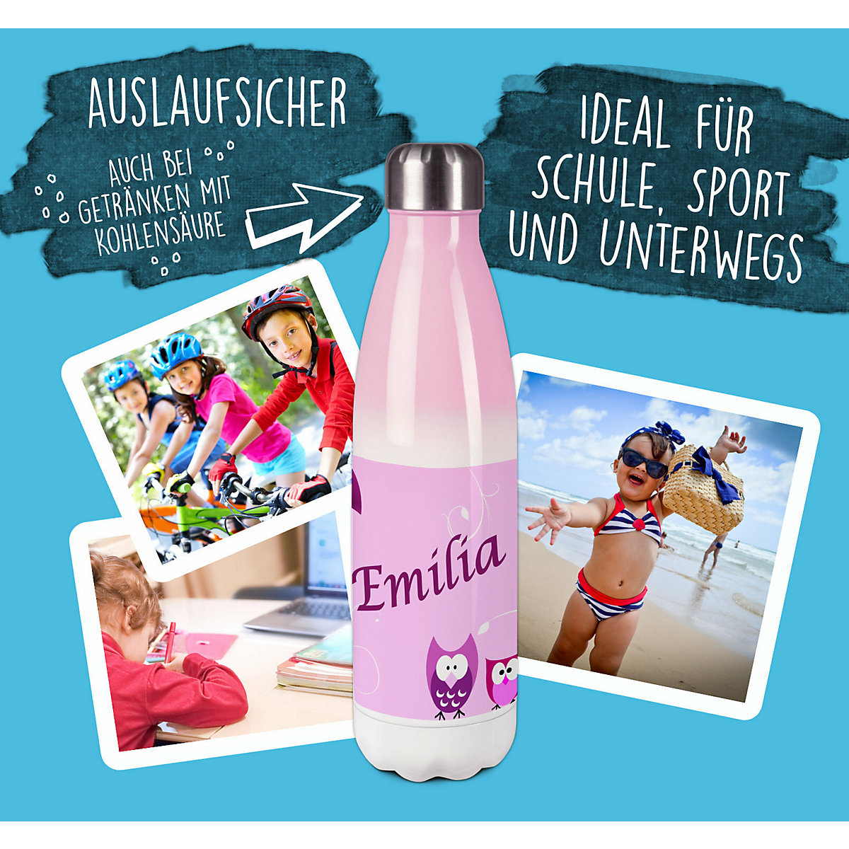Edelstahl Kinder Thermoflasche / Trinkflasche bunt Eule Farbe rosa Spülmaschinenfest, Auslaufsicher, Bruchfest, Doppelwandig, Für Heißgetränke geeignet, Mit Deckel, Isoliert
