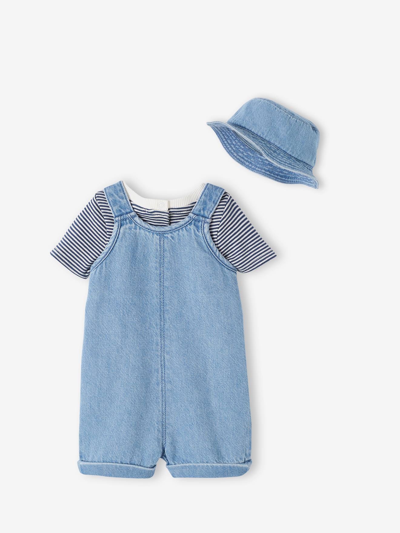 Vertbaudet Baby-Set: Latz-Shorts, Body & Sonnenhut - bleached