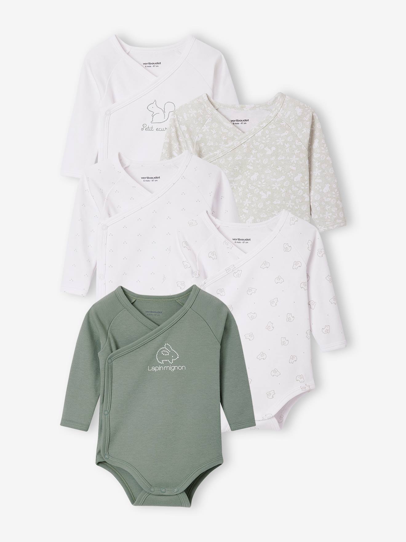 Lot de 5 bodies manches longues bébé ouverture naissance vert d'eau
