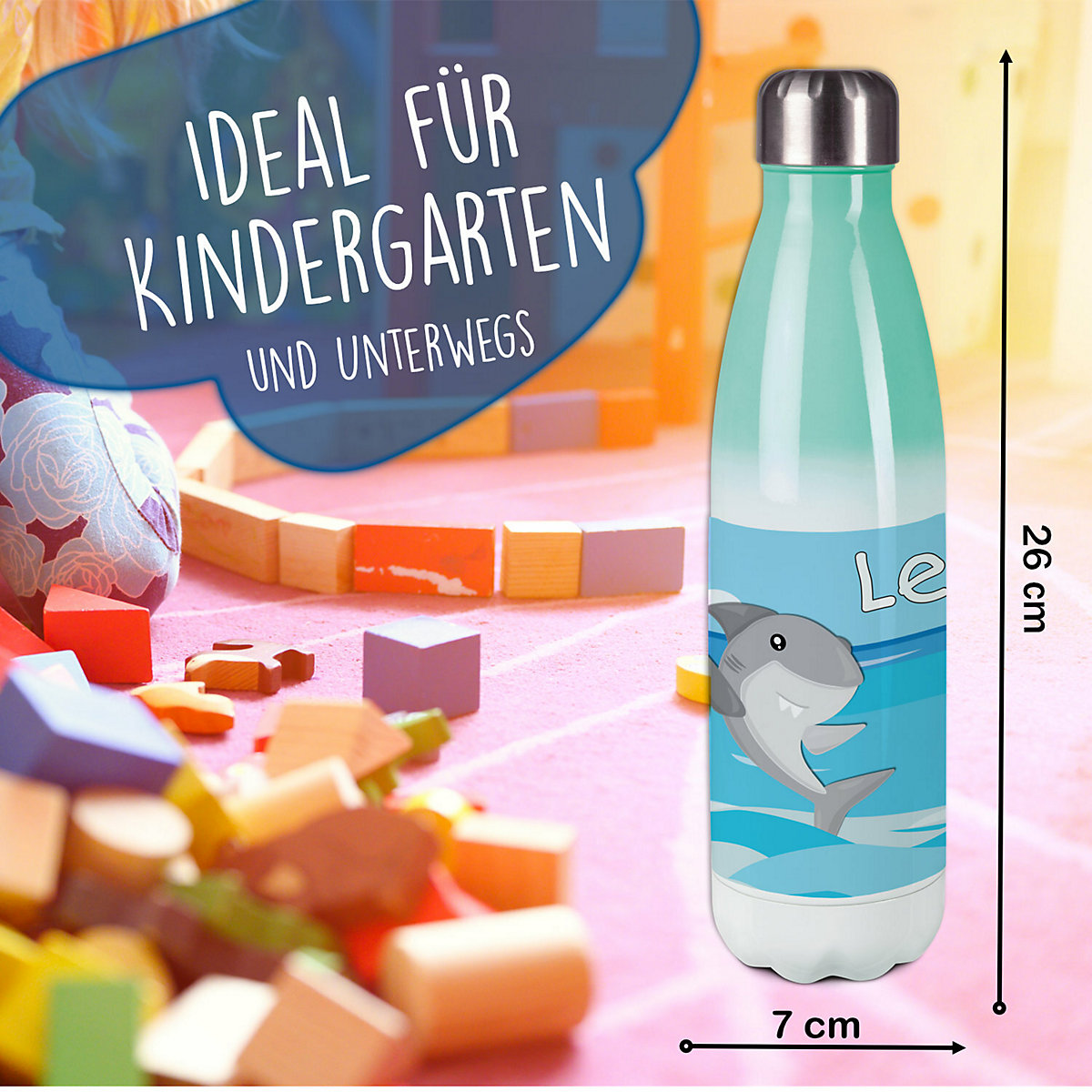 Edelstahl Kinder Thermoflasche / Trinkflasche bunt Hai Spülmaschinenfest, Auslaufsicher, Bruchfest, Doppelwandig, Für Heißgetränke geeignet, Mit Deckel, Isoliert