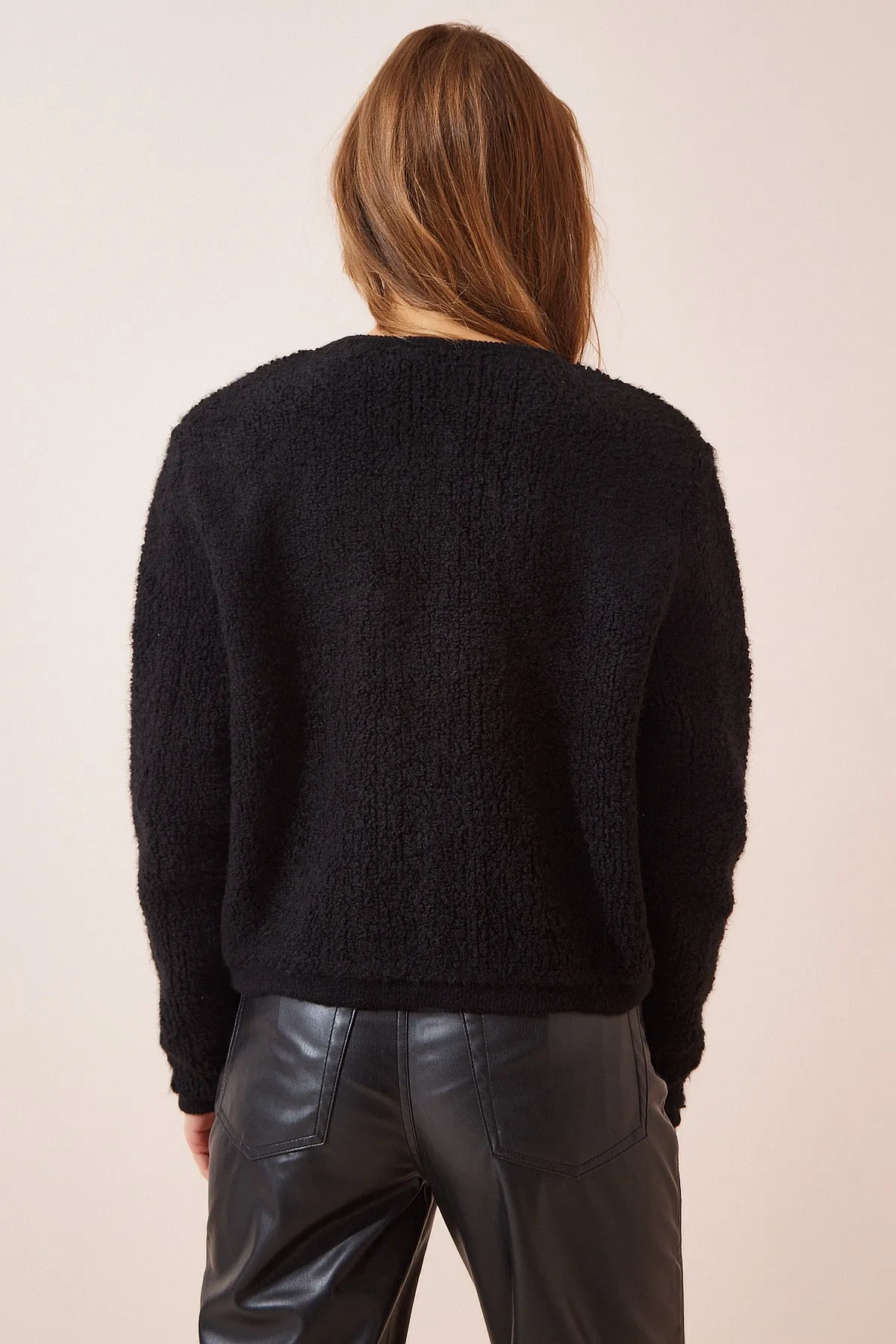 Happiness İstanbul  Schwarze Bouclé-Strickjacke für Damen, Cardigan YY00117