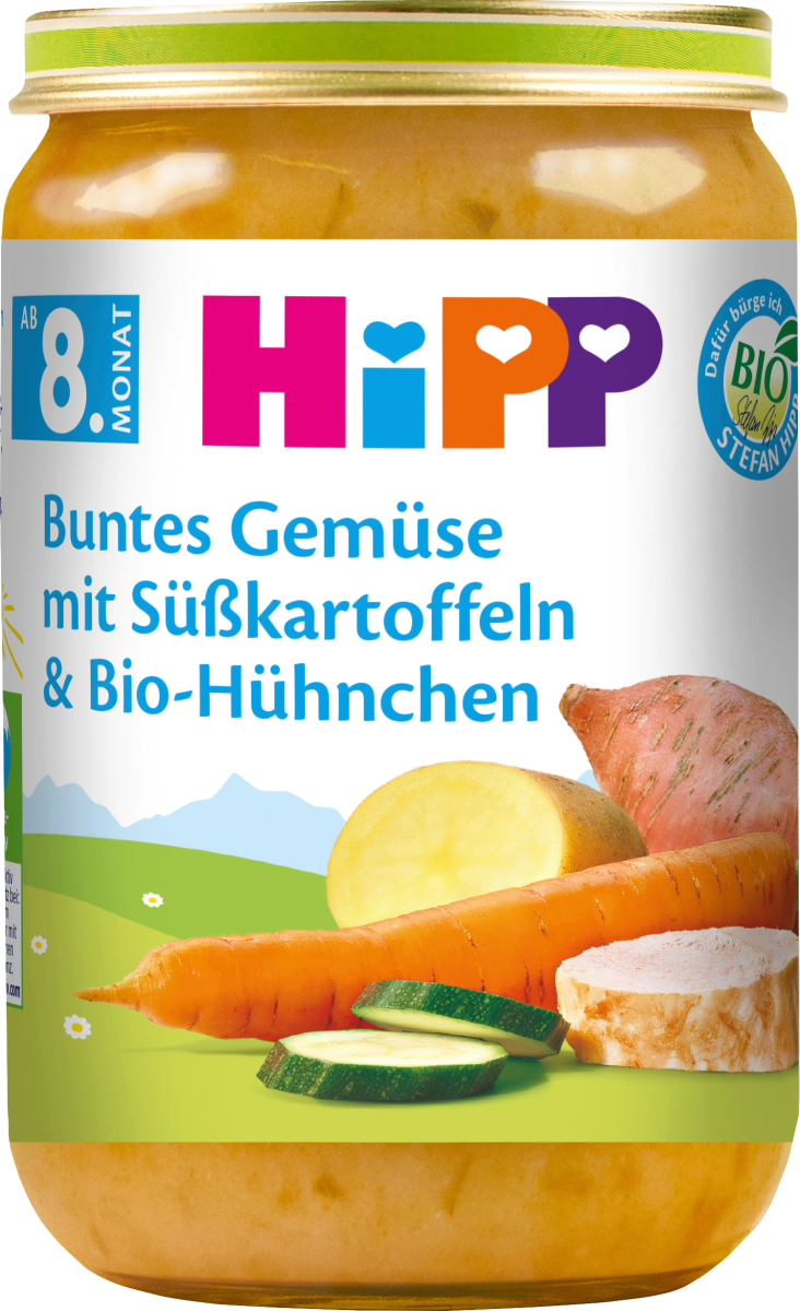 Menü Buntes Gemüse mit Süßkartoffeln & Bio-Hühnchen ab dem 8. Monat, 220 g