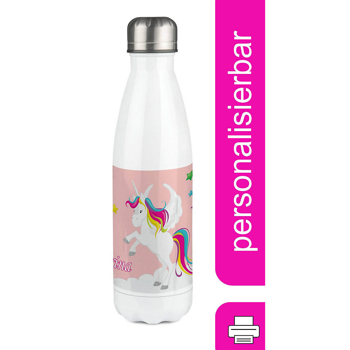 Edelstahl Kinder Thermoflasche / Trinkflasche bunt Pegasus Farbe rosa Spülmaschinenfest, Auslaufsicher, Bruchfest, Doppelwandig, Für Heißgetränke geeignet, Mit Deckel, Isoliert