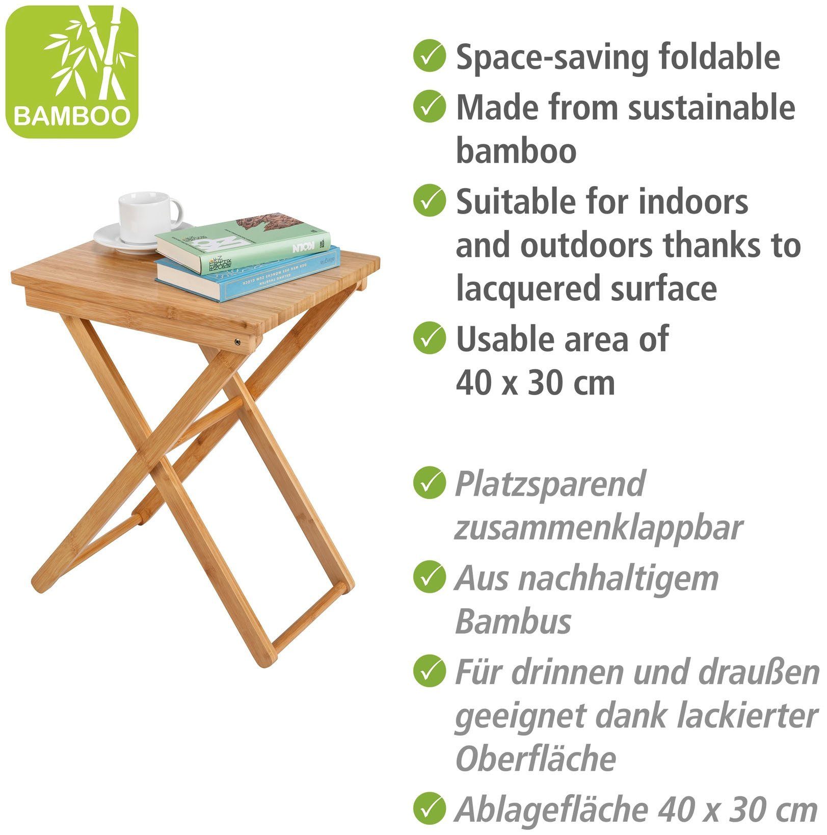 WENKO Klapptisch Maui, aus Bambus, lackierte Oberfläche, platzsparend zusammenklappbar