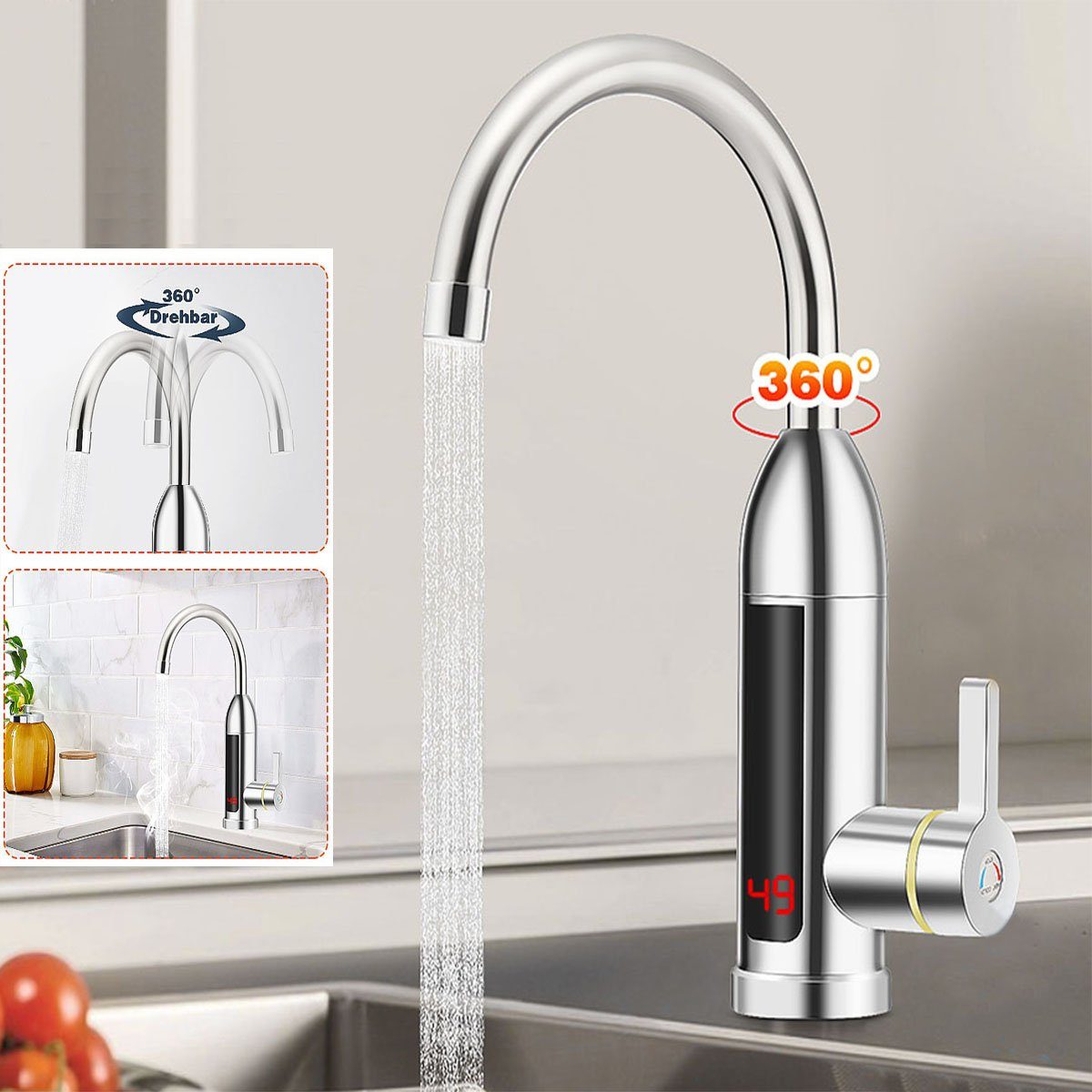 oyajia Klein-Durchlauferhitzer 3000W Elektrischer Wasserhahn, Küchenarmatur, 360 ° Schwenkbar