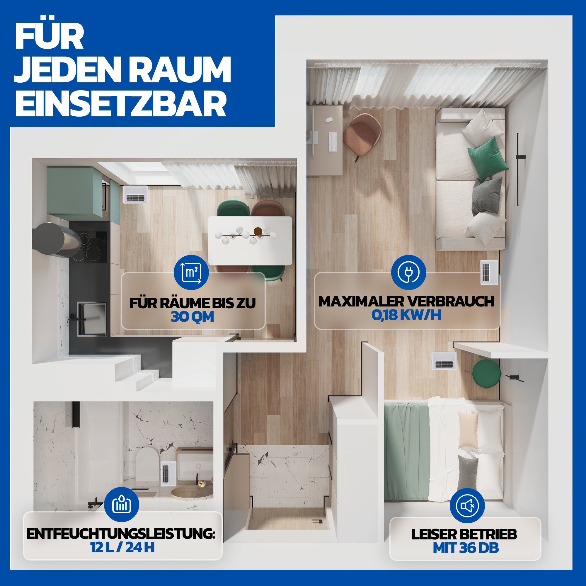 TersAir Luftentfeuchter TersAir O² Luftentfeuchter 12L/24h, Luftreiniger, Wäschetrockner, für 150 m³ Räume, Entfeuchtung 12,00 l/Tag, Tank 2,00 l, Luftreiniger, Wäschetrockner, Wasserschlauch inklusive