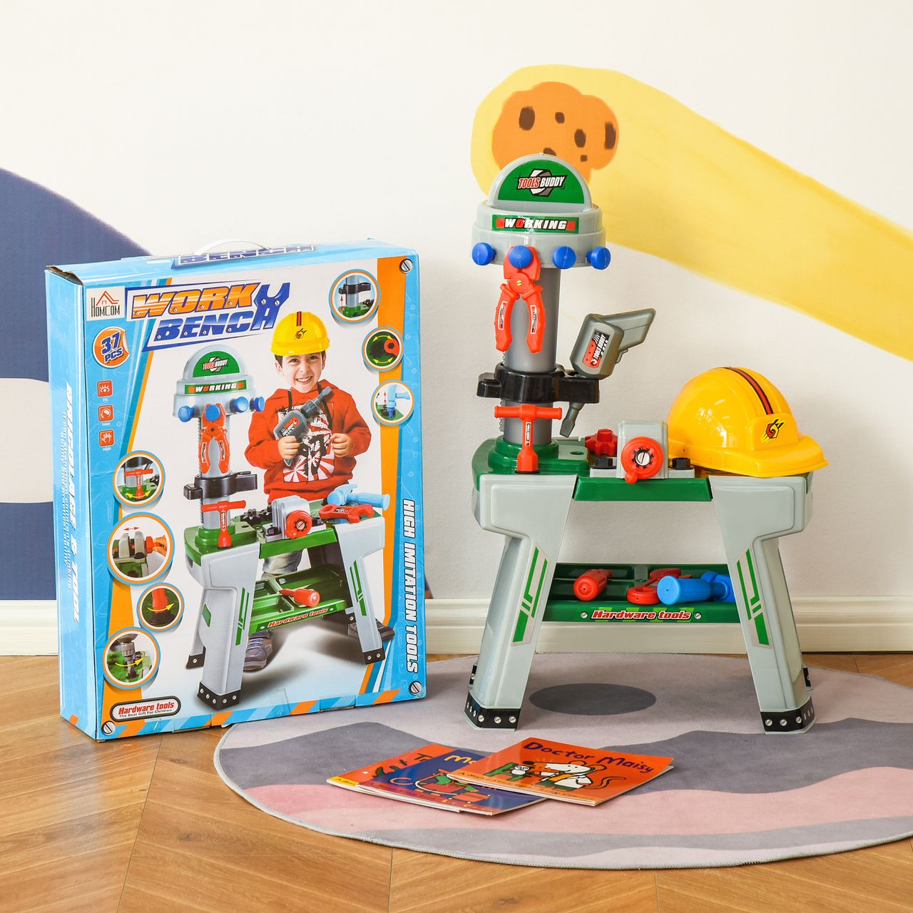 HOMCOM Kinder Werkbank Arbeitstisch Werkbanktisch mit 37 Zubehören Rollenspiel Spielzeug für Kinder von 3 bis 6 Jahren PP-kunststoff Grün Grau 44 x 26 x 71 cm