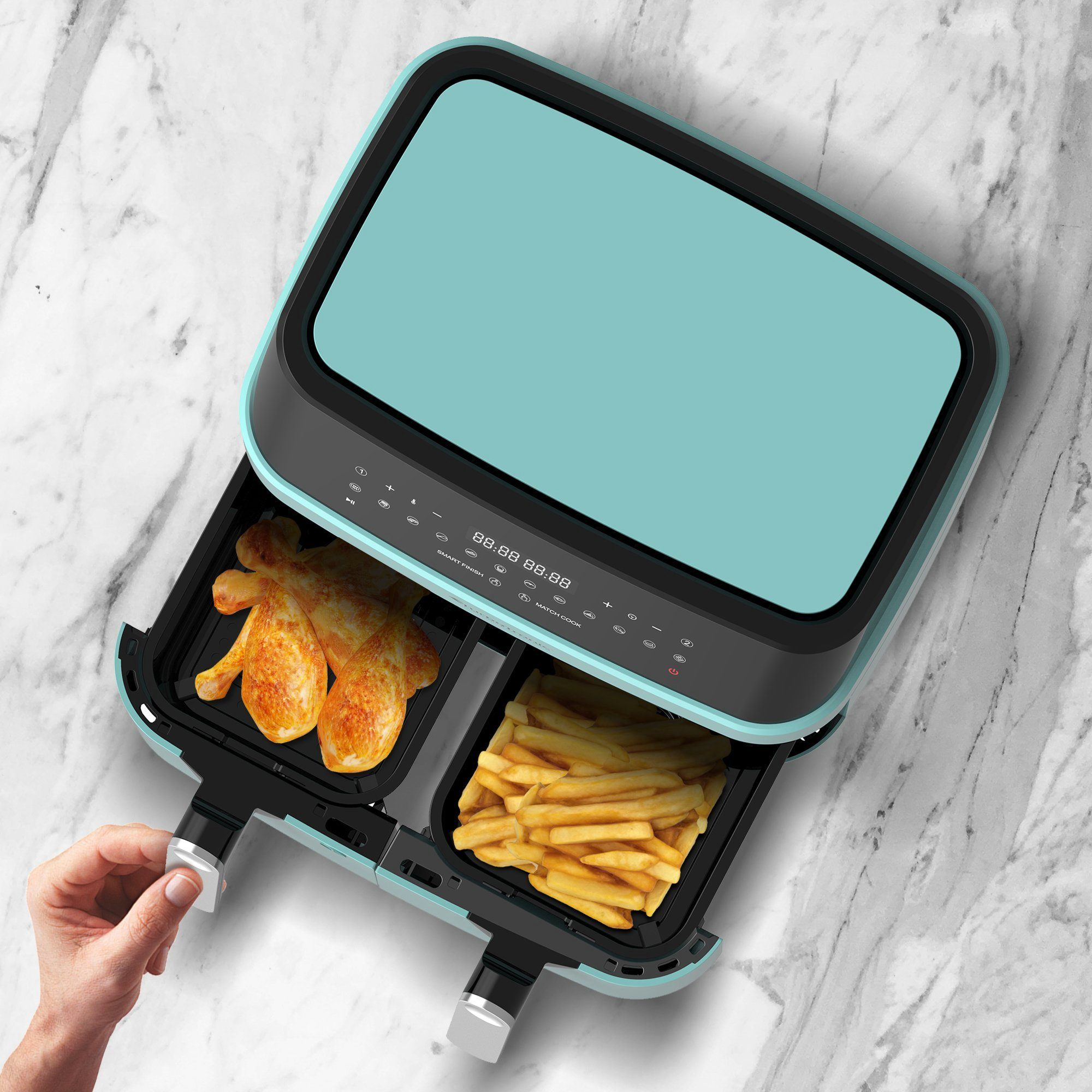 TurboTronic by Z-Line Heißluftfritteuse XXL Doppelkammer 2x 4,5 Liter, 50°C - 200°C, Power, dual, Camping, 1600 W, Fritteuse ohne Fett, digitaler doppel Airfryer Fettfrei