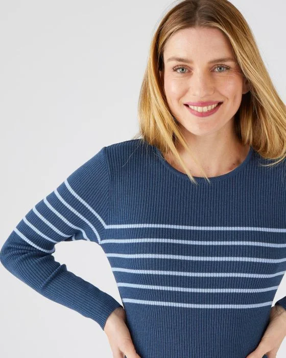Pull col rond 50% laine mérinos, uni et rayé
