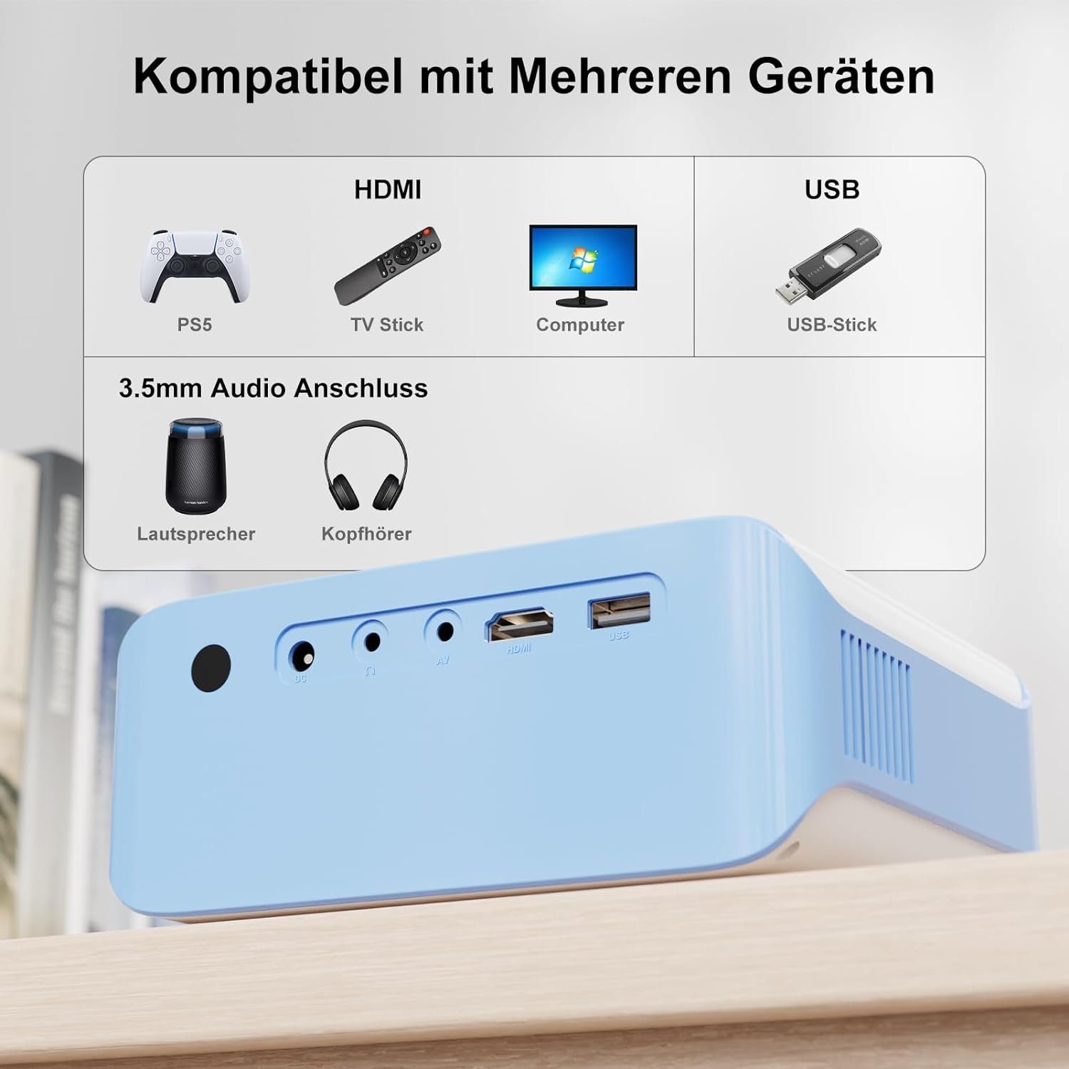 VISULAPEX Portabler Projektor (9000 lm, 8000:1, 1920 x 1080 px, Beamer Tragbarer Full HD 1080P Unterstützt, VISULAPEX V3 5G WiFi)