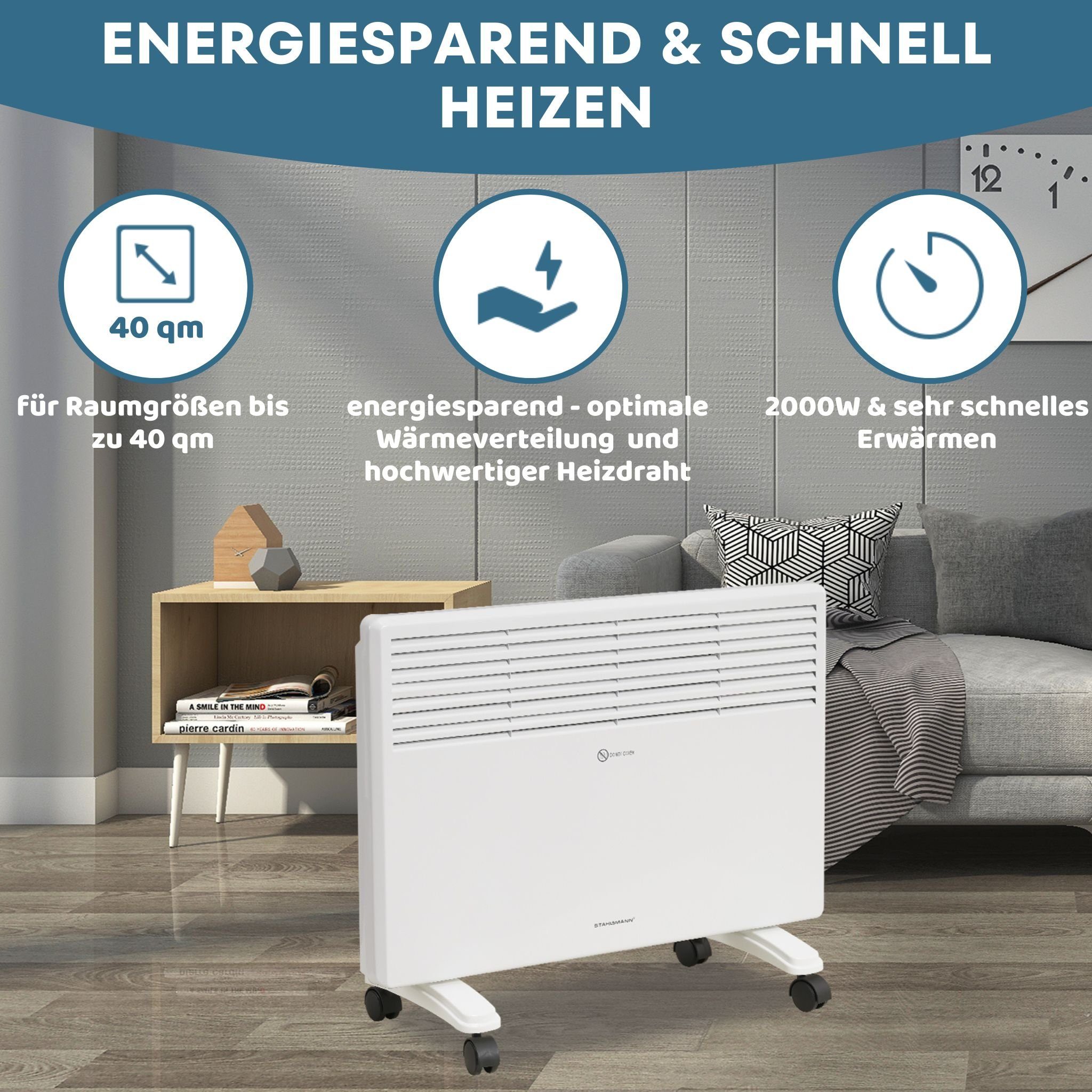 Stahlmann Heizgerät STAHLMANN Konvektor Heizung ZK2000, 2000 W, Schnelle Erwärmung, Thermostat, Leise und Konvektor Heizung