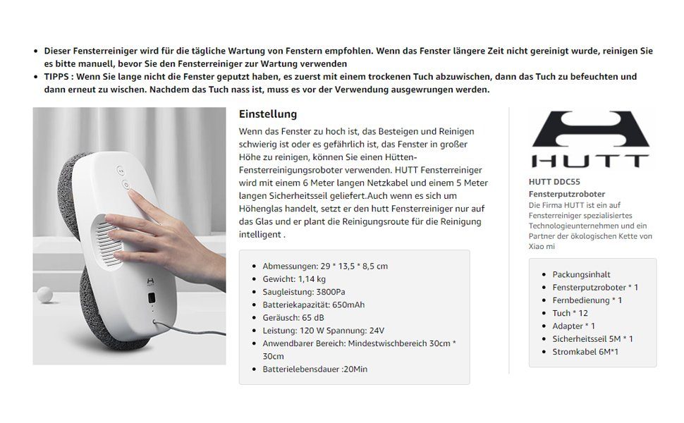 HUTT Wischroboter DDC55, 90 W, Automatischer Fenstersauger, Fernbedienun