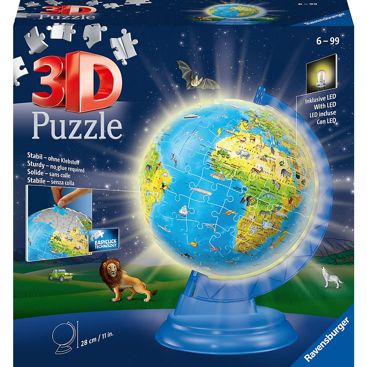 3D Puzzle 11274 - Kinderglobus mit Licht in deutscher Sprache - 180 Teile - Beleuchteter Globus