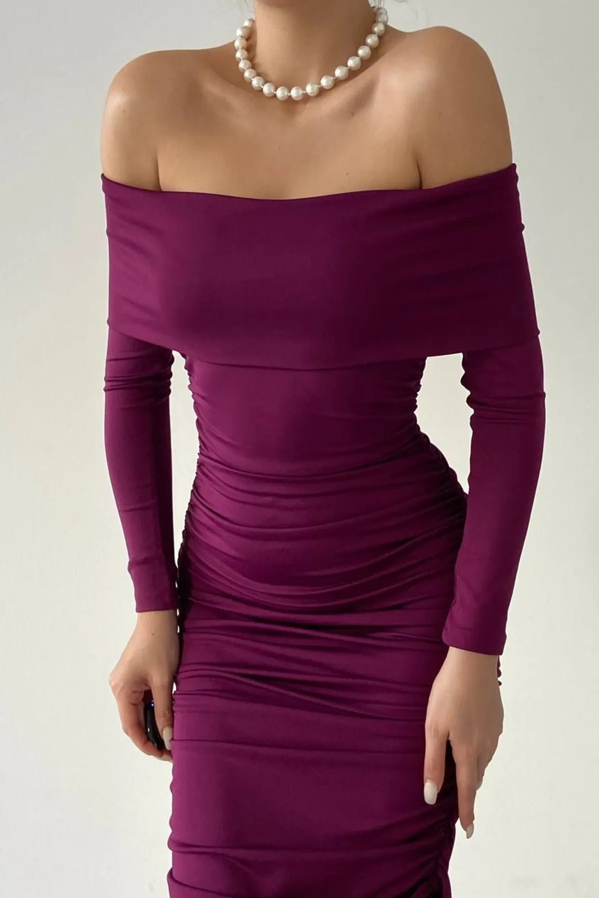 vuvutasarım  Dehnbarer Sandstoff, trägerloser Kragen, Midi-Länge, Bleistiftschnitt, langärmeliges lila Kleid 189