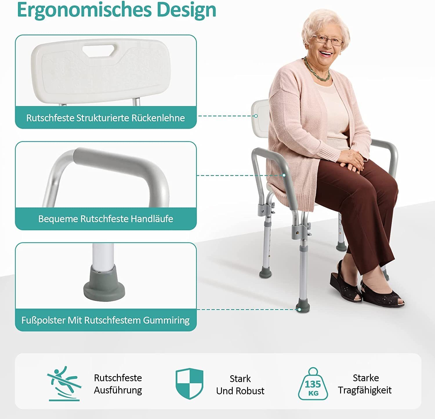 EMKE Duschhocker EMKE Duschstuhl Duschhocker für senioren,bis 135KG, Weiß
