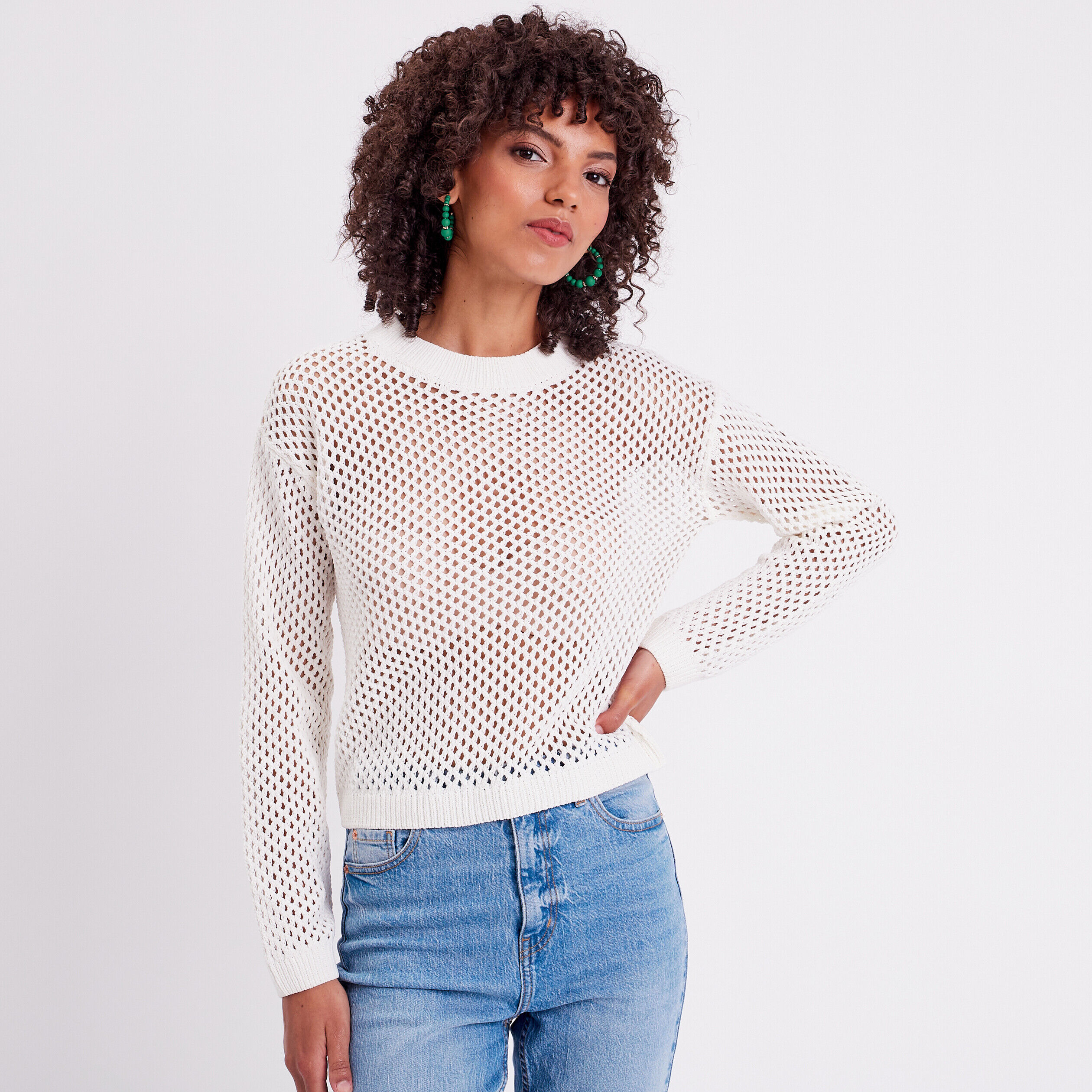 Pull ajouré col rond ecru femme | Cache Cache