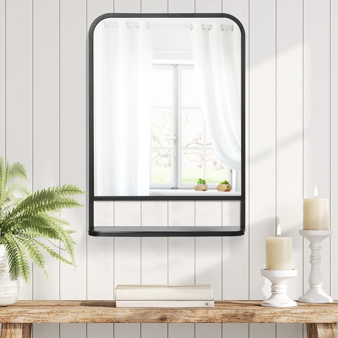 HOMCOM Wandspiegel 70 x 50cm Wohnzimmerspiegel Hängespiegel Dekospiegel Rechteck mit Ablagefläche für Eingangsbereich Schlafzimmer Modern Elegant Schwarz