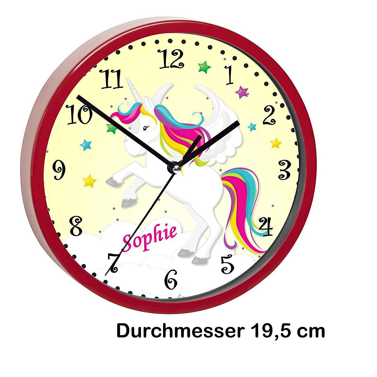 Kinder Wanduhr laufruhig personalisiert mit Name Pegasus Gelb