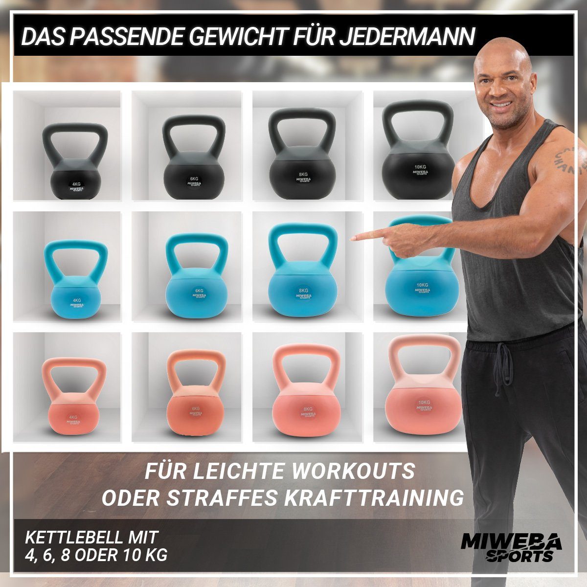 Miweba Sports Hantel Soft Kettlebell KB100 - verschiedene Varianten, (Anti-Rutsch-Griff - bodenschonend - Eisengranulat - Profi Fitness Schwunghantel - Indoor & Outdoor - Krafttraining - Workout - Ganzkörpertraining - Kugelgewicht - Kurzhantel - Kett
