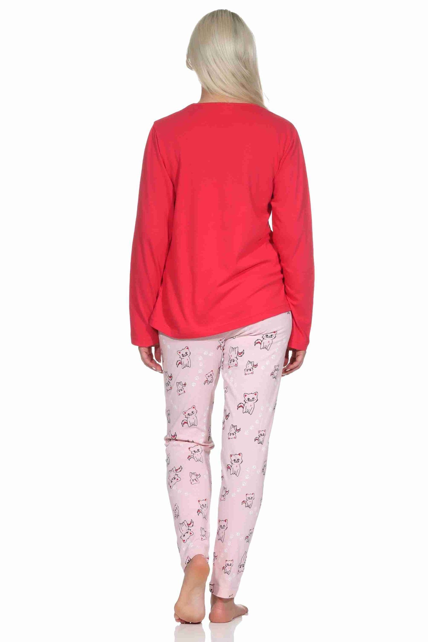 Normann Pyjama Süsser Damen Schlafanzug lang Pyjama mit Katzen - Motiv