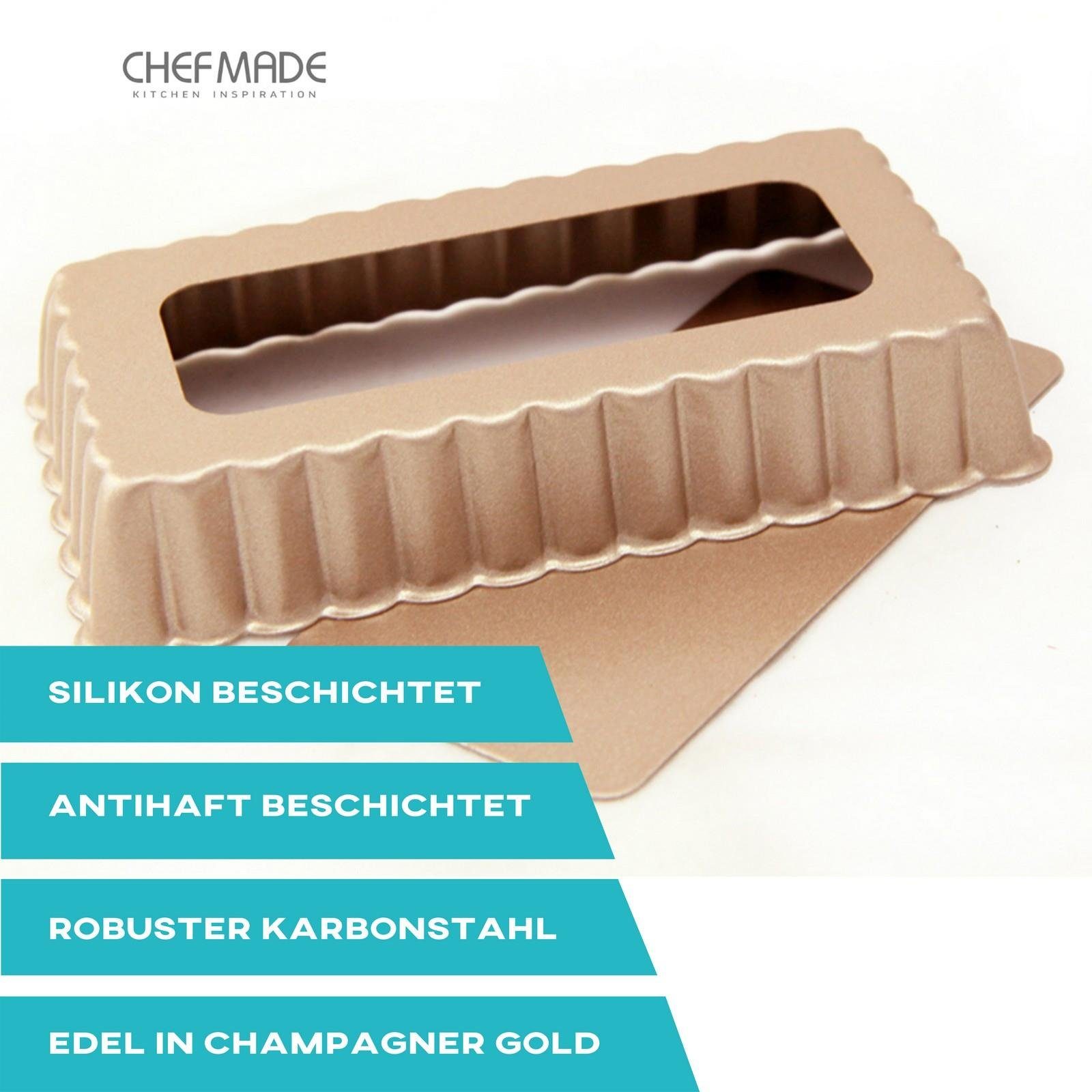 Chefmade Tarteform 4er Mini Tarteform Backform 116x20mm Quicheform, (CHEFMADE, 4er Set Mini Tarteform, 116x20mm, Champagnergold, antihaft- & silikonbeschichtet, Quicheform, Dessertkuchen, Pie Form klein, Minikuchen, Hebebodenform, Karbonstahl 4-tlg),