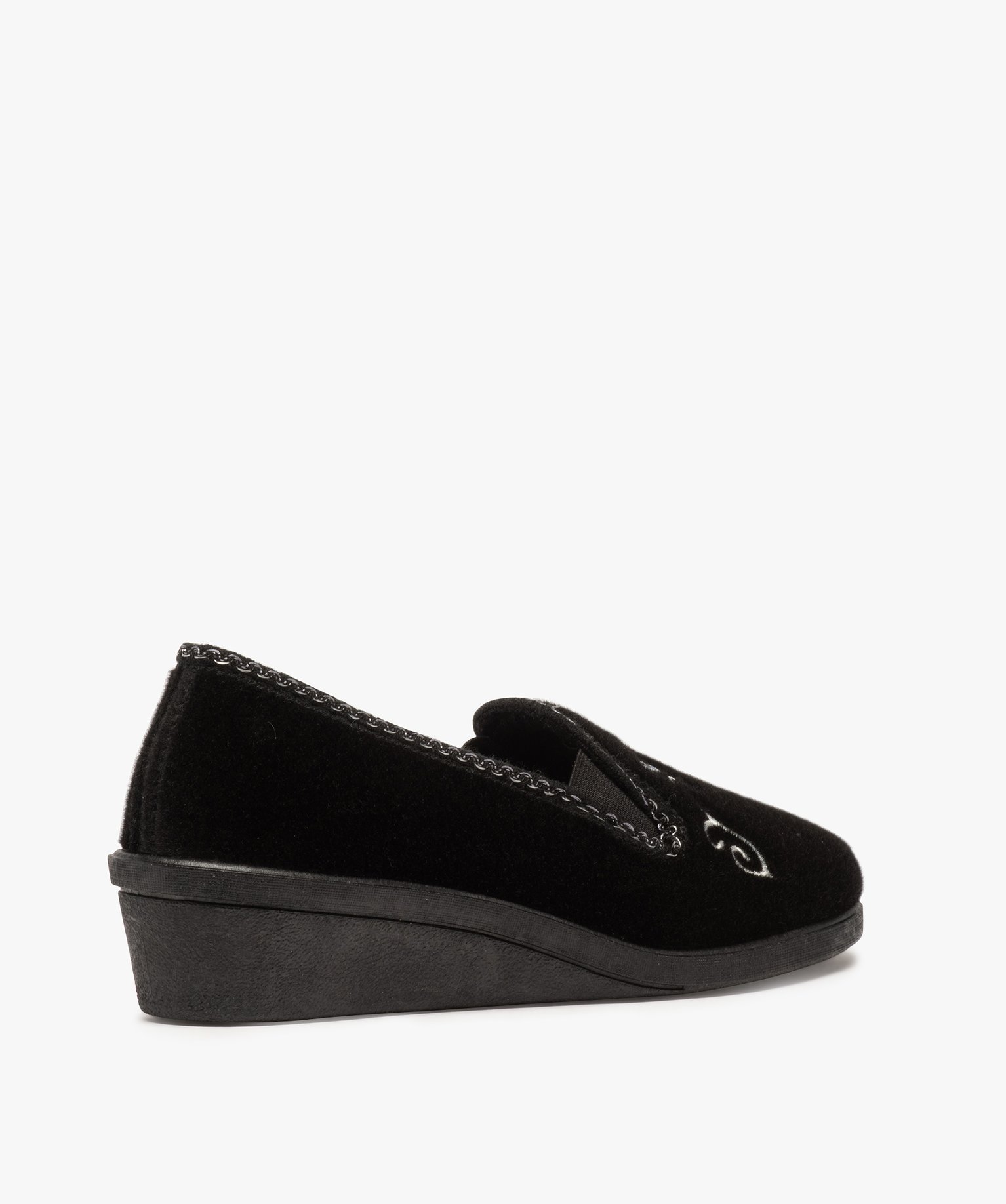 Chaussons femme à talon compensé et dessus brodé noir | GEMO