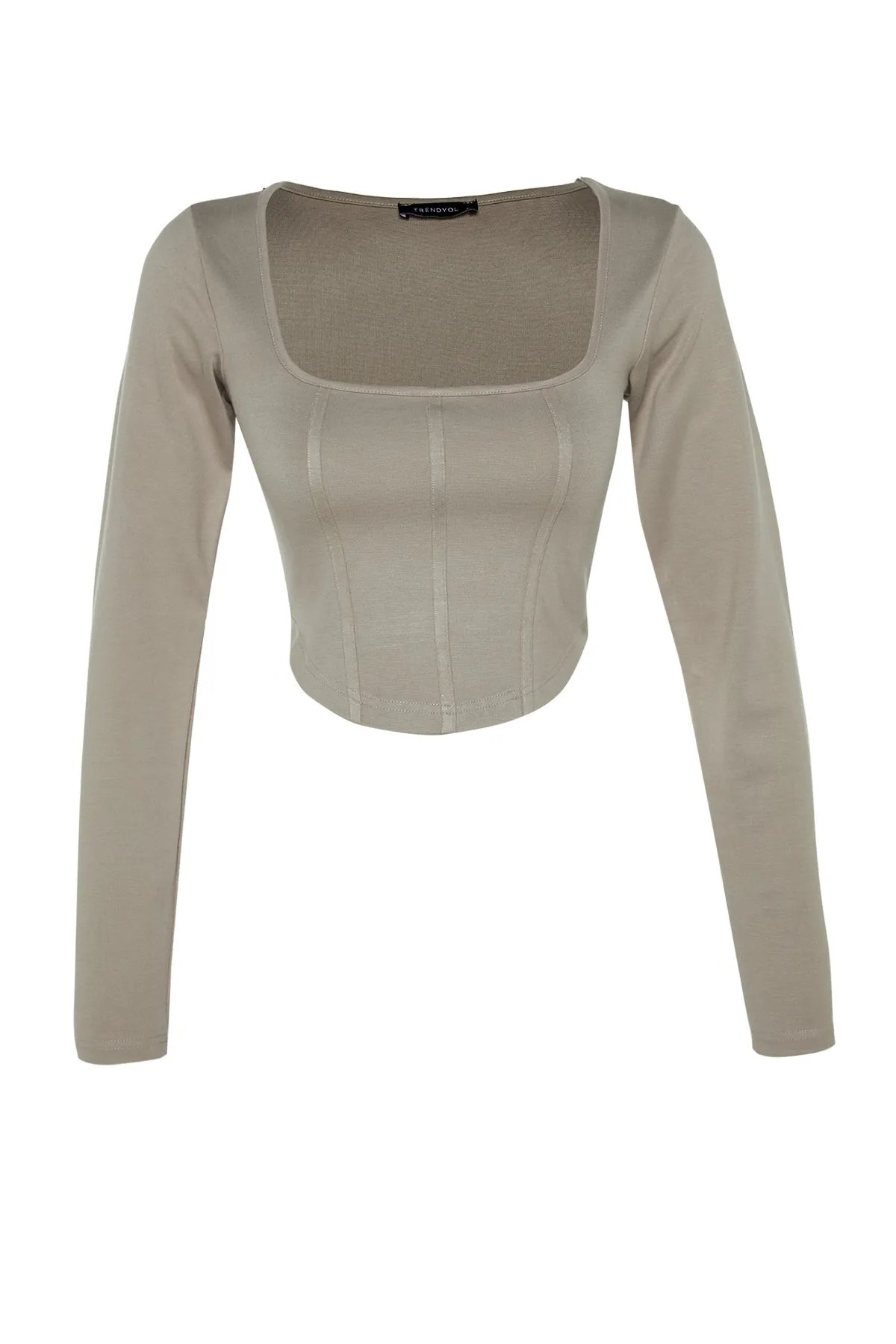 Trendyol Collection  Steinfarbene Paspelierung, detaillierte, eng anliegende Interlock-Strickbluse mit quadratischem Ausschnitt TWOAW23BZ00151