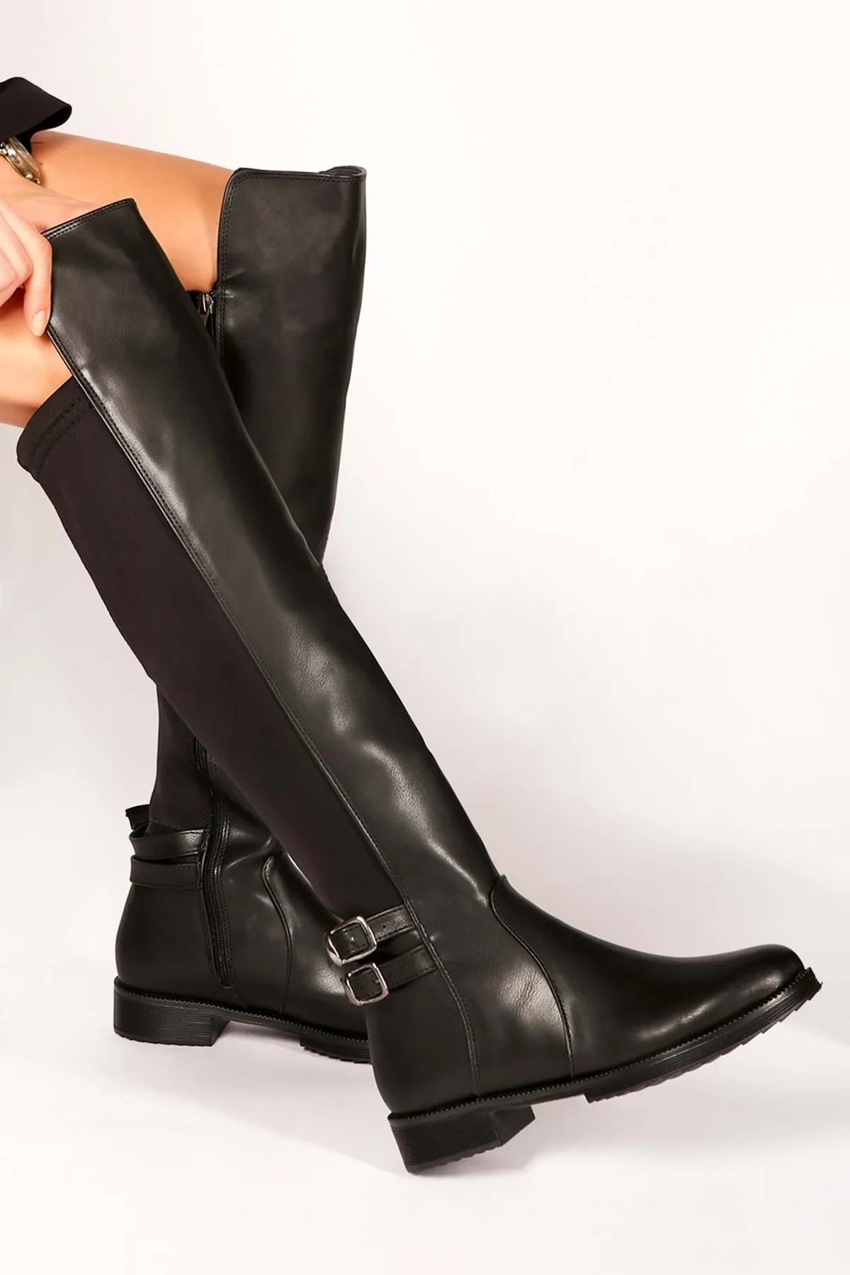 Shoeberry  Eliana Black Skin Elastic-Stiefel für Damen Black Skin