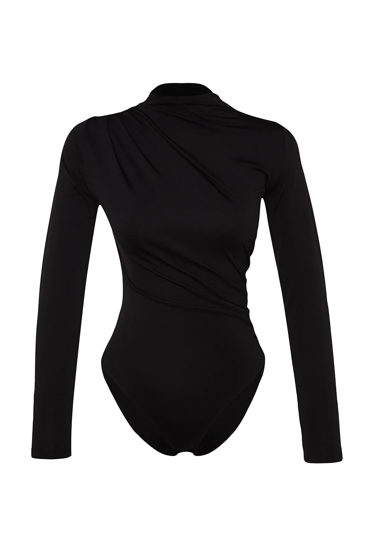 Trendyol Collection  Schwarzer Stretch-Strickbody mit Stehkragen und Druckknöpfen, gerafftem Detail TWOAW24BD00014