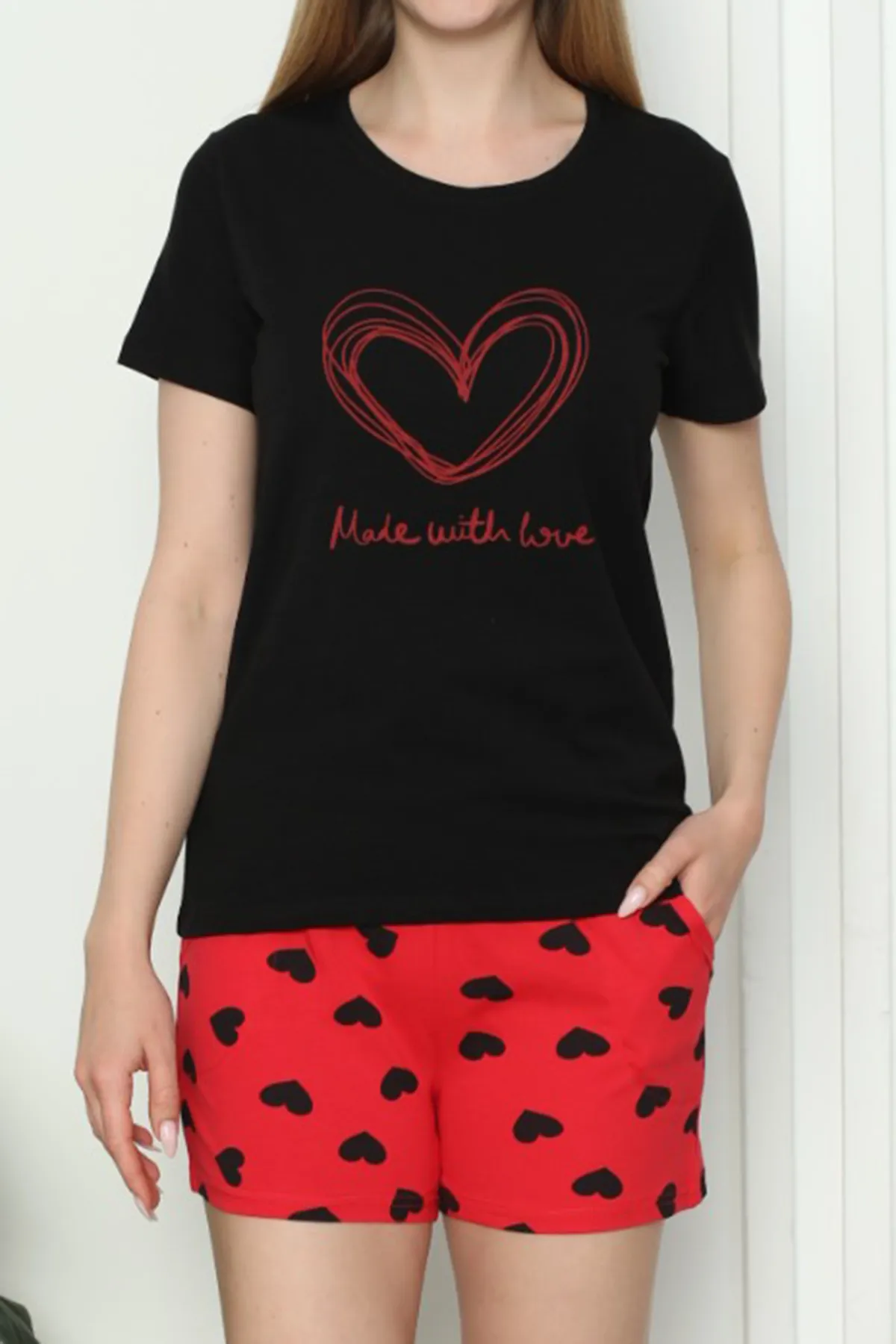 Nicoletta  Damen Shorts Pyjama Set Kurzarm Baumwolle Herz Lycra Schwarz