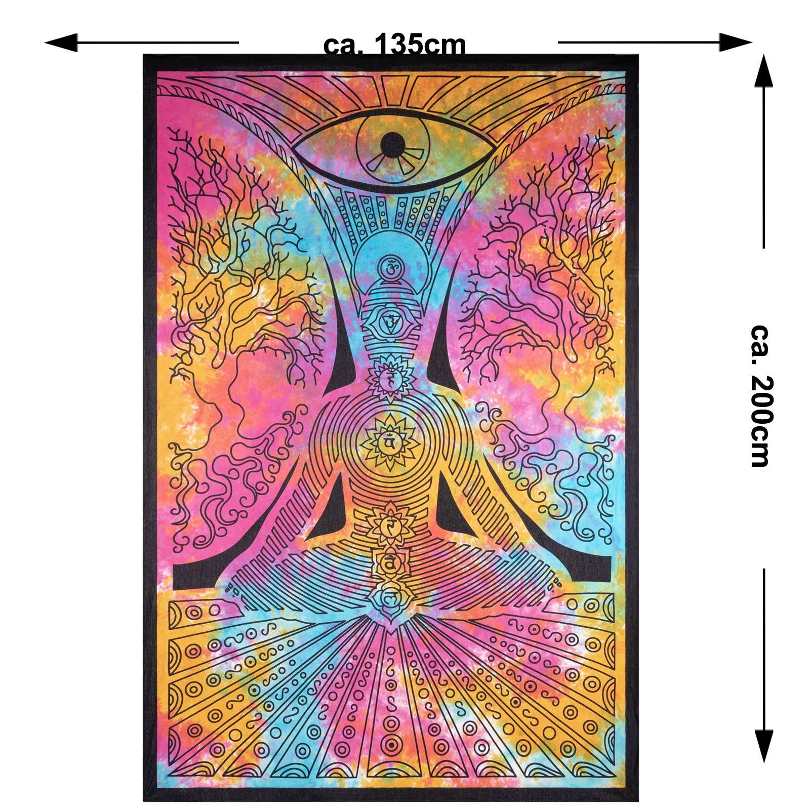 Wandteppich Tagesdecke Wandbehang Bunt Tuch Buddha Chackra Meditation 200x135cm, KUNST UND MAGIE