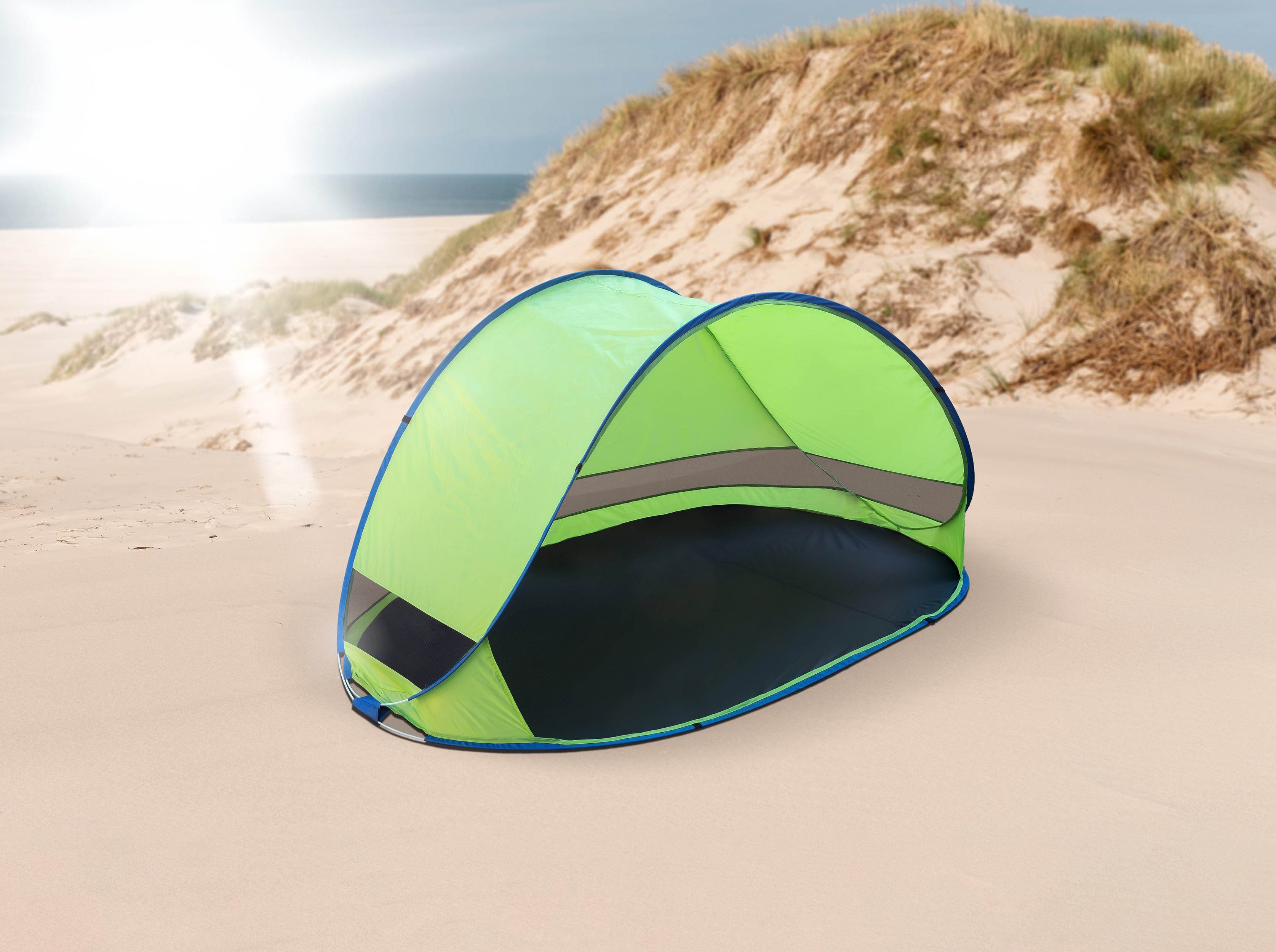 IC Home Strandmuschel Pop up Strandmuschel Classic mit UV Schutz, ca. 220 x 120 x 100 cm, inkl. Tragetasche, Seile & Heringe, Sichtschutz, Strandzelt