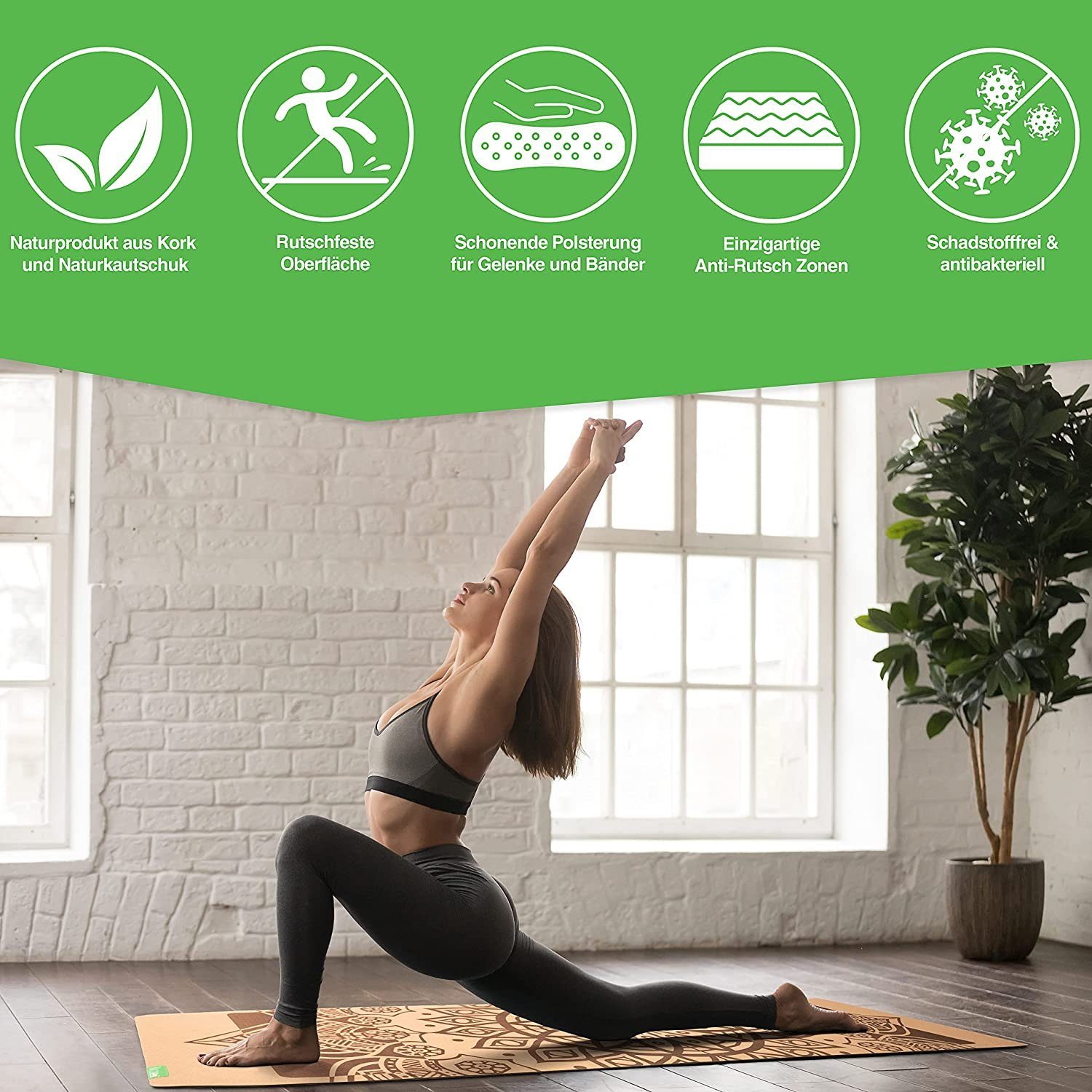BACKLAxx® Yogamatte Kork mit Naturkautschuk (Kork, 2teilig mit GRATIS Videokurs), 4 mm stark, aus natürlichen Rohstoffen, mit Antirutschzonen