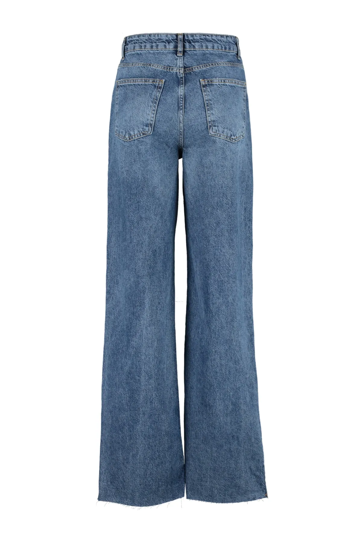 Trendyol Collection  Dunkelblaue zerrissene Jeans mit hoher Taille und weitem Bein TWOSS23JE00123