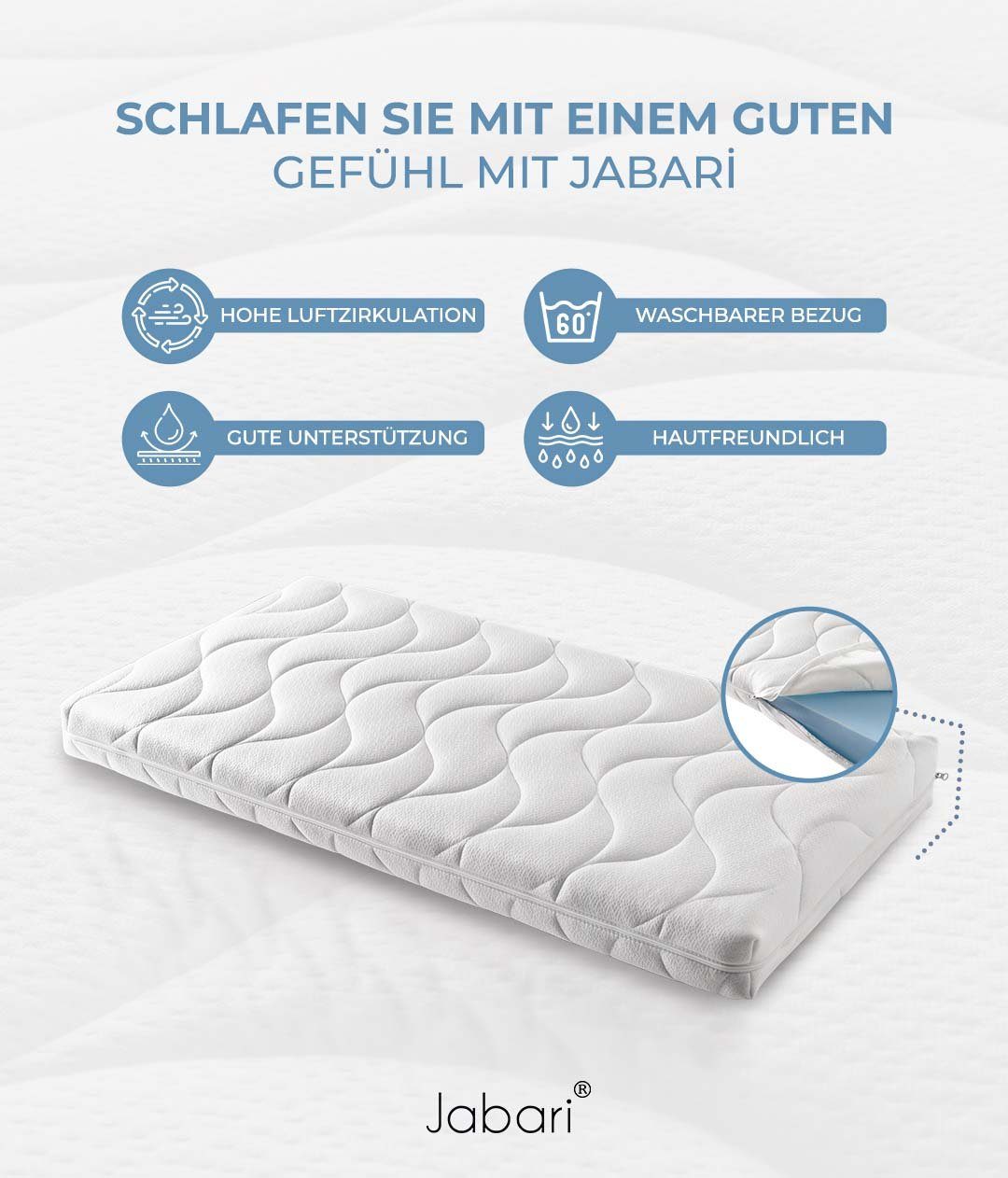 Kindermatratze SUSU, Jabari, 12 cm hoch, Babymatratze 60x120 cm für Babybett oder Wiege, Kindermatratze 60x120 Jugendmatratze, mit Hochwertige Qualität Bezug, Belastbar bis 70 kg, Optimales Schlafklima (atmungsaktiv durch Klimawatte)