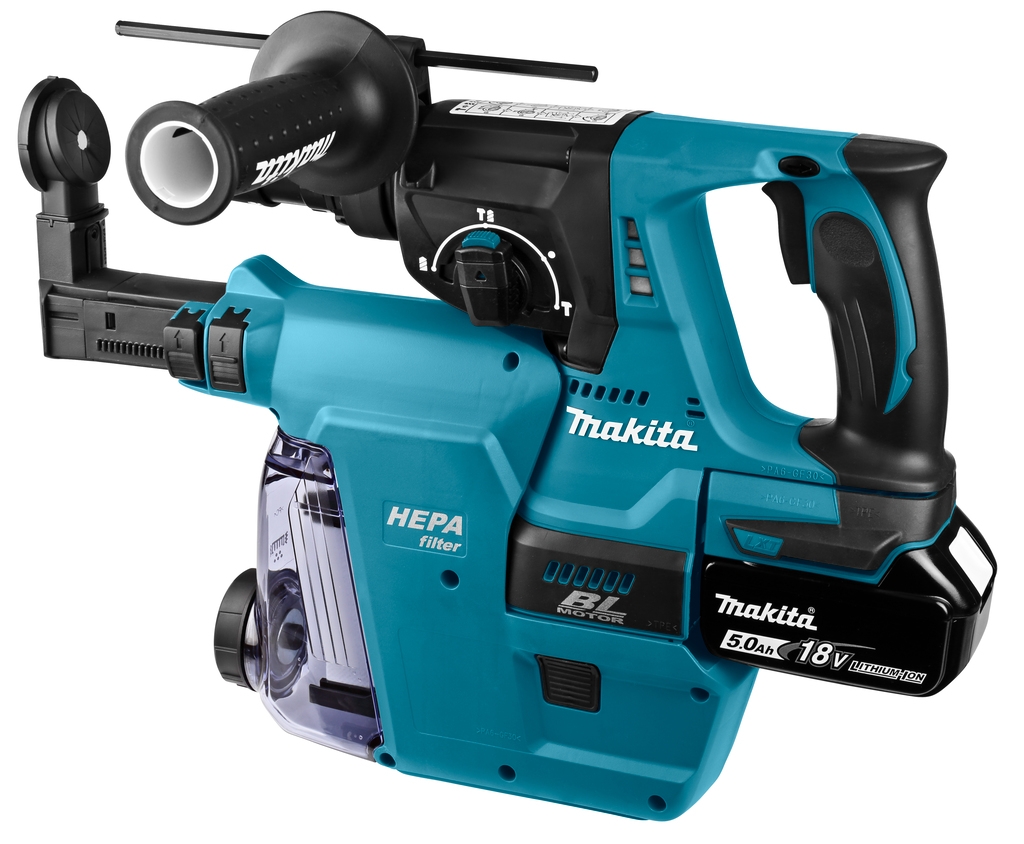 Makita DHR243RTJW Kombihammer, 18 Volt, 5,0 Ah Li-Ion-Akku + DX07 integrierte Staubabsaugung mit HEPA-Filter