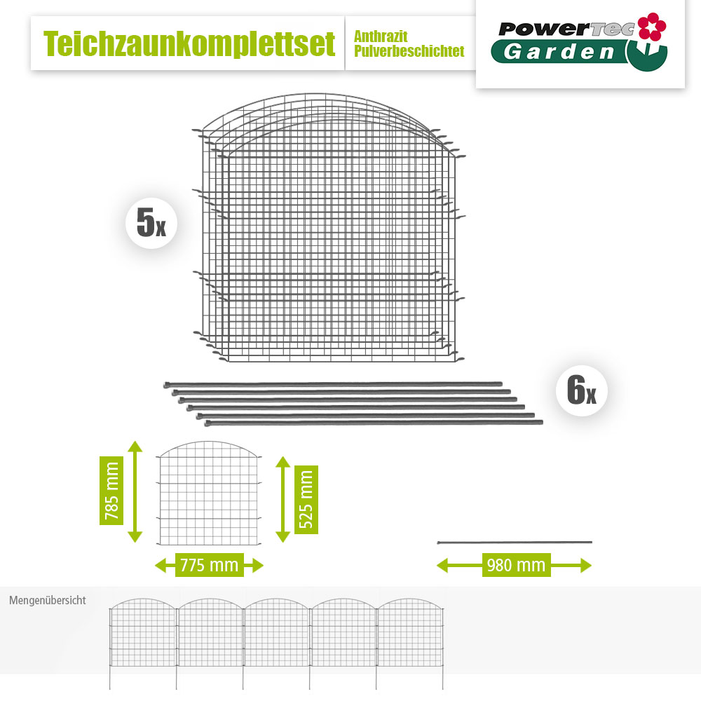 Powertec Garden Teichzaun Oberbogen 11-teiliger - Anthrazit