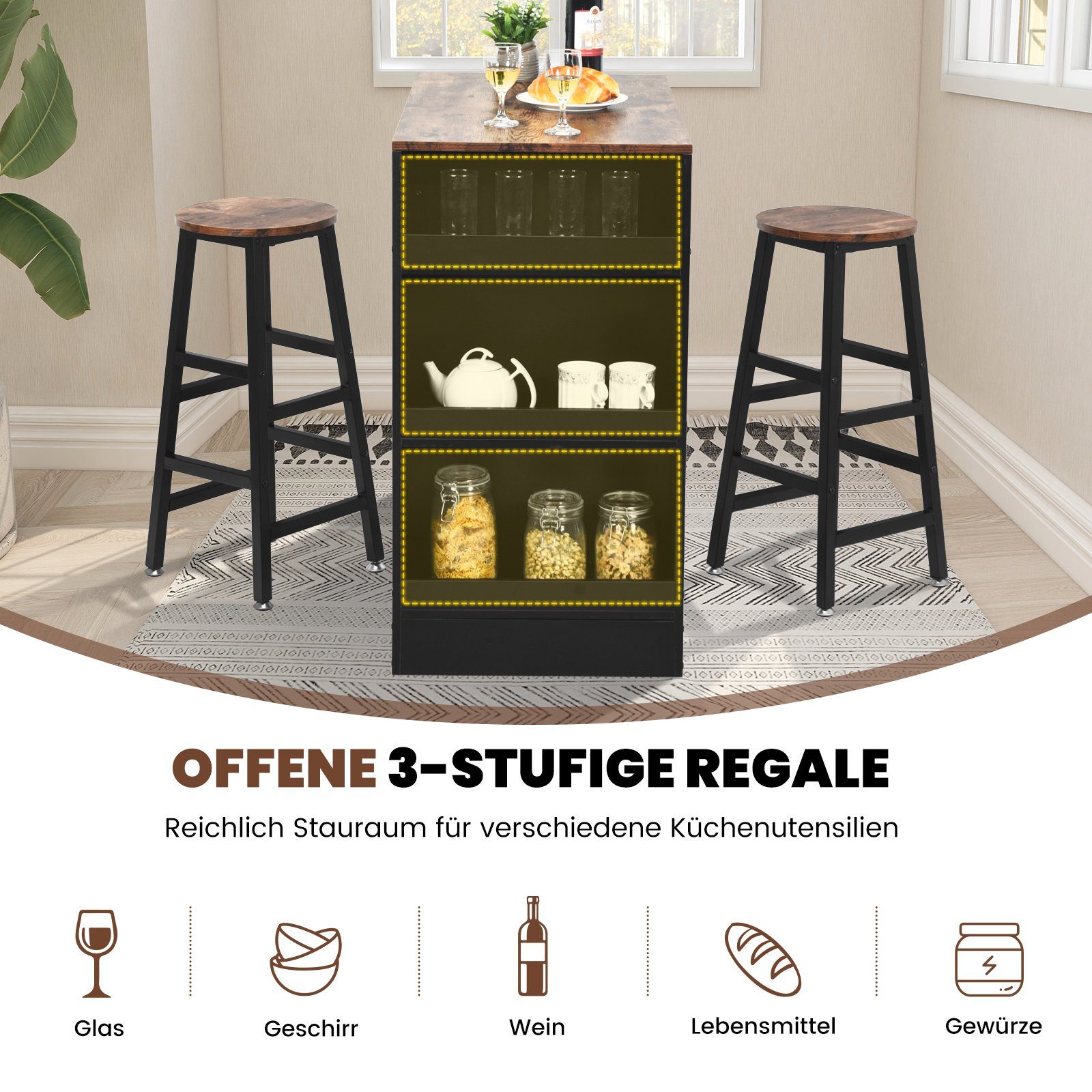 COSTWAY Bartisch, Set, mit 2 Barhockern und 3 Ablagen, 49x91x91cm, Industrie