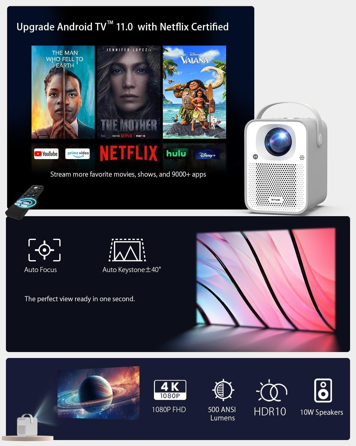 ETOE 500 ANSI-Lumen Android 11.0 4K Unterstützter Videoprojektor mit ESPN Portabler Projektor (500 lm, 1080P px, Prime Video, YouTube, 5G Wi-Fi & Bluetooth, Kompatibel mit iOS/Android)