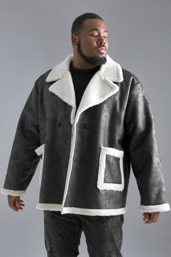 Plus Oversize Fliegerjacke aus Wildlederimitat mit Borg-Detail