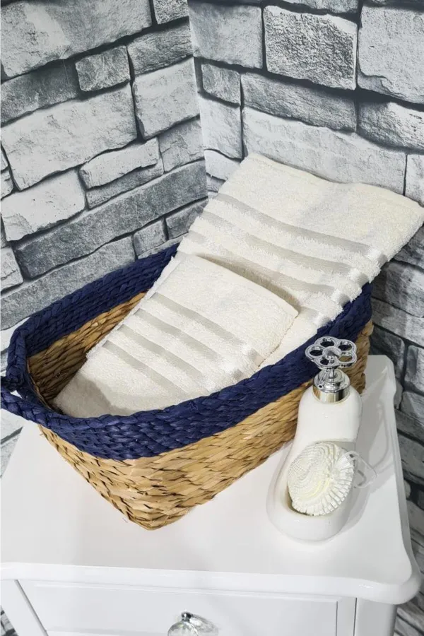 Çeyiz Diyarı  Einfarbiges 2-teiliges Handtuchset aus 100 % Baumwoll-Jacquard, Creme