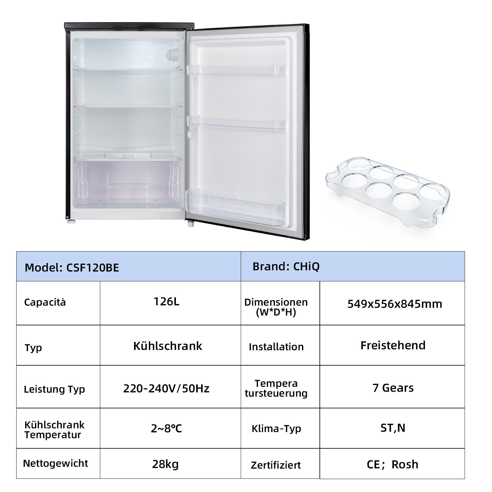CHiQ Kühlschrank CSF120BE, 85 cm hoch, 55 cm breit, 126L Kühlschrank,12 Jahre Garantie auf den Kompressor,Low-frost