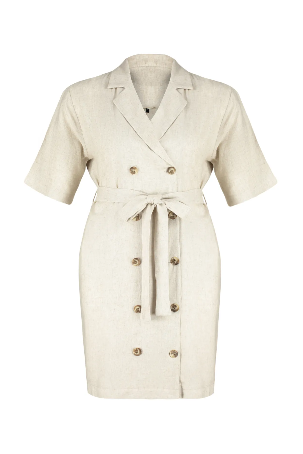 Trendyol Curve  Beigefarbenes Kleid aus gewebter Jacke mit zweireihigem Verschluss und Leinenmischung TBBSS24AH00068