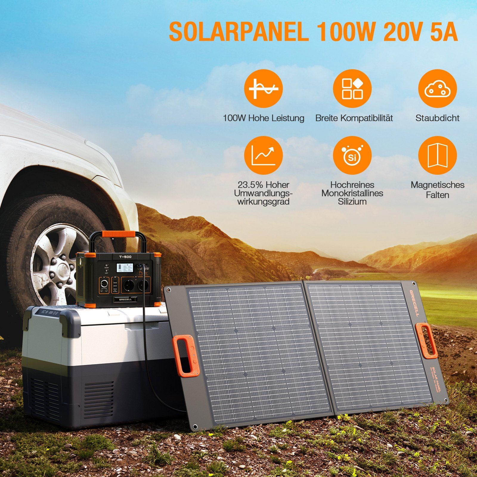 GRECELL Stromerzeuger 500W Tragbare Powerstation Kit mit 2*100W Solarpanel, (1-tlg), für Outdoor Camping Solar Generator