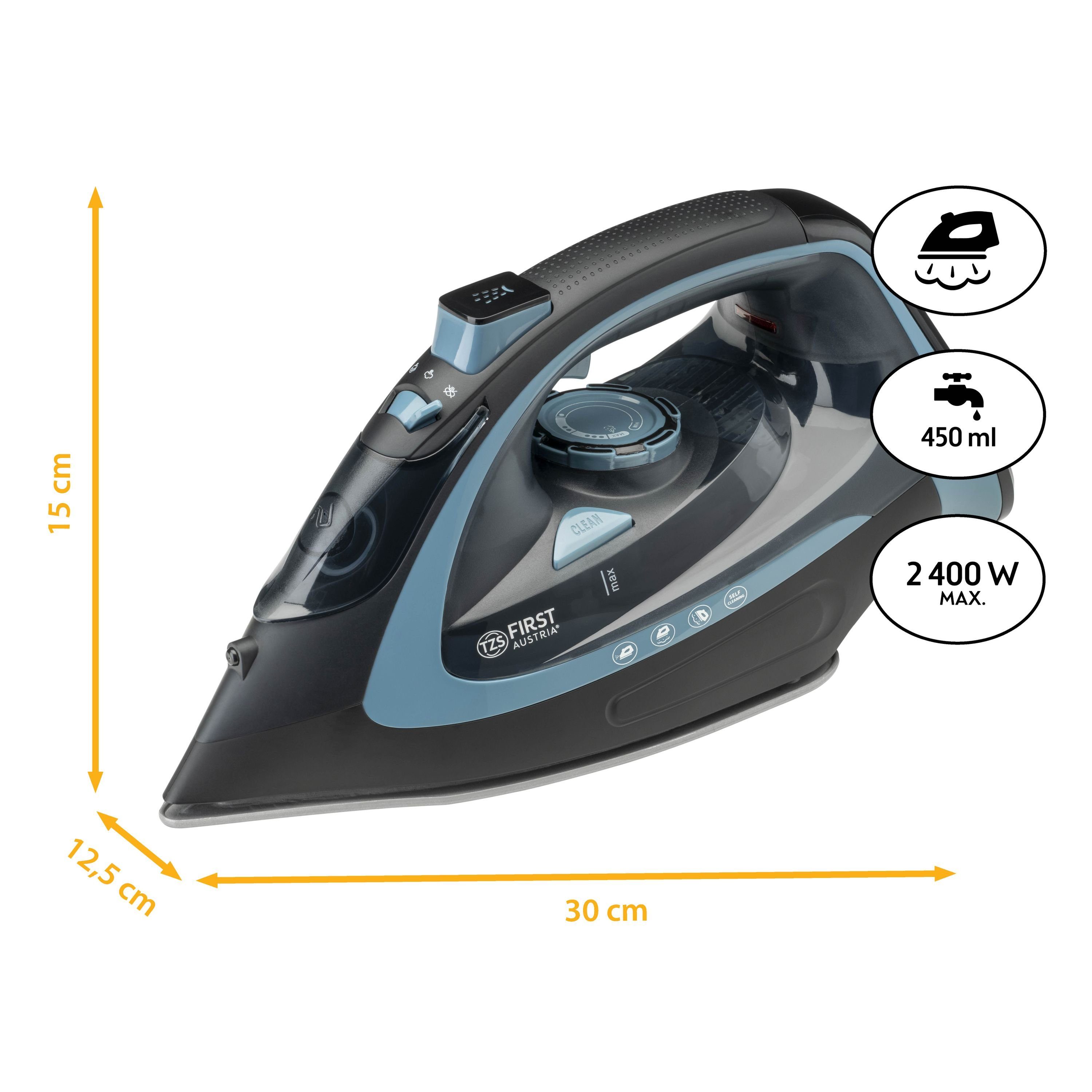 TZS FIRST AUSTRIA Dampfbügeleisen Bügeleisen kabellos, mit Basisstation, verstellbare Temperatur, 2400 W, Keramik, Vertikaldampf, Tropfstop, Antikalk, 450 ml Wassertank